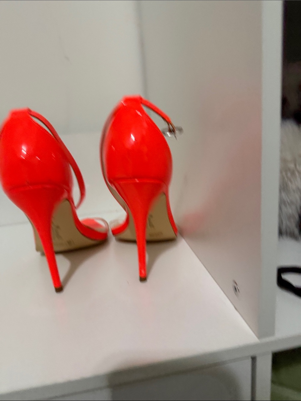 Neon Red Pointed Toe Ankle Strap Pumps - Picture 3 of 4